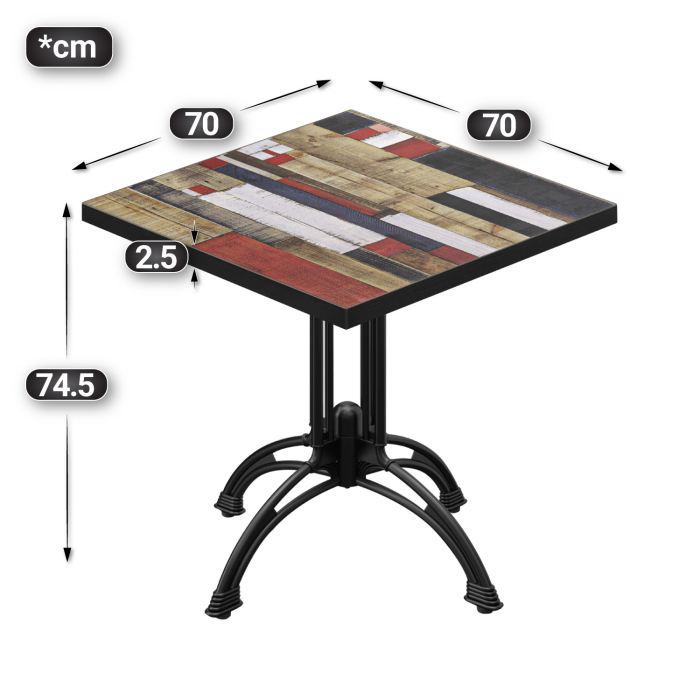 BMLG | Bistro Tisch | 70 x 70 x 75 cm | Quadratisch | Schwarzer Rand | Vintage Bunt / Schwarz