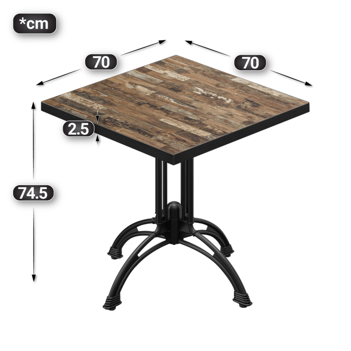 BMLG | Bistro Tisch | 70 x 70 x 75 cm | Quadratisch | Schwarzer Rand | Vintage Old / Schwarz