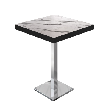 BM | Mesa alta de bistró | 60 x 60 x 110 cm | Cuadrada | Bisel negro | Mármol blanco / Acero inoxidable