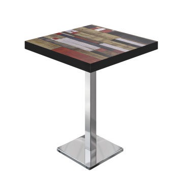 BM | Mesa alta de bistró | 70 x 70 x 110 cm | Cuadrada | Borde negro | Vintage colorido / Acero inoxidable