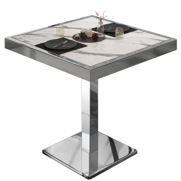 BM | Mesa bistro | An:Pr:Al 60 x 60 x 77 cm | Mármol blanco / acero inoxidable | Cuadrada