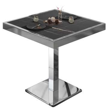 BM | Mesa bistro | An:Pr:Al 60 x 60 x 77 cm | Mármol negro / acero inoxidable | Cuadrada