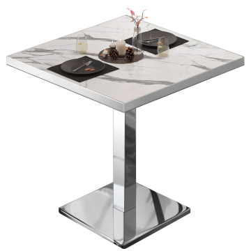 BM | Mesa bistro | An:Pr:Al 70 x 70 x 75 cm | Mármol blanco / acero inoxidable | Cuadrada