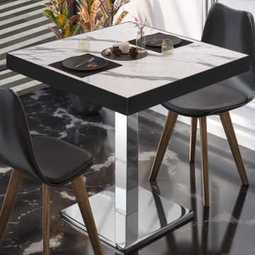 BM | Mesa bistro | An:Pr:Al 70 x 70 x 77 cm | Mármol blanco / acero inoxidable | Cuadrada