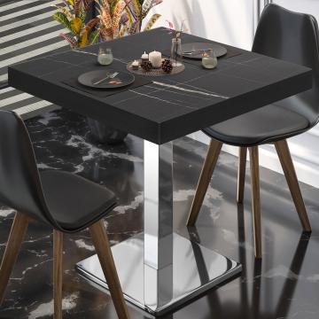 BM | Mesa bistro | An:Pr:Al 70 x 70 x 77 cm | Mármol negro / acero inoxidable | Cuadrada