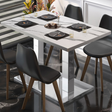 BM | Table de bistrot | L:P:H 130 x 80 x 75 cm | Blanc marbre / Acier inoxydable | Rectangulaire