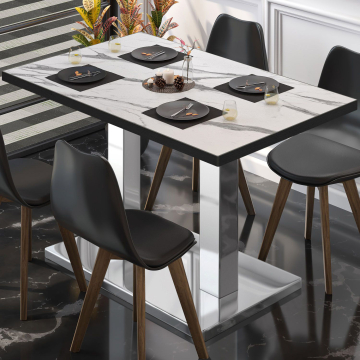 BM | Table de bistrot | L:P:H 130 x 80 x 75 cm | Blanc marbre / Acier inoxydable | Rectangulaire