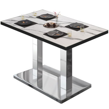 BM | Table de bistrot | L:P:H 130 x 80 x 75 cm | Blanc marbre / Acier inoxydable | Rectangulaire
