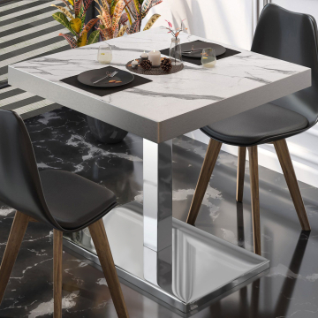 BM | Table de bistrot | L:P:H 80 x 80 x 77 cm | Marbre blanc / acier inoxydable | Carré