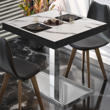 BM | Table de bistrot | L:P:H 80 x 80 x 77 cm | Marbre blanc / acier inoxydable | Carré