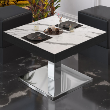 BM | Table de salon Bistro | L:P:H 60 x 60 x 41 cm | Blanc Marbre / Acier inoxydable