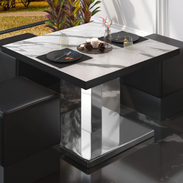 BM | Table de salon Bistro | L:P:H 70 x 70 x 41 cm | Blanc Marbre / Acier inoxydable