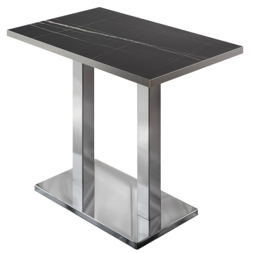 BM | Table haute de bistrot | 110 x 60 x 108 cm | Rectangulaire | Bord en acier inoxydable | Marbre noir / Acier inoxydable