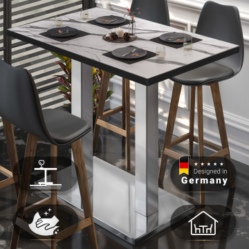 BM | Bistro Stehtisch | 110 x 60 x 108 cm | Rechteckig | Schwarzer Rand | Weiß Marmor / Edelstahl
