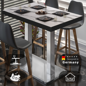 BM | Bistro Stehtisch | 110 x 60 x 110 cm | Rechteckig | Schwarzer Rand | Weiß Marmor / Edelstahl