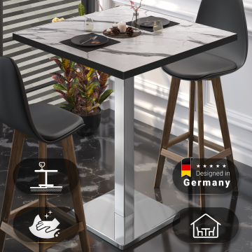 BM | Bistro Stehtisch | 60 x 60 x 108 cm | Firkantet | Sort Kant | Hvid Marmor / Rustfrit Stål
