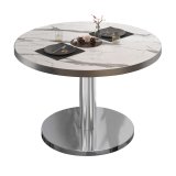 BN | Bistro Loungetisch | Ø:H 80 x 32 cm | Edelstahl Rand | Weiß Marmor / Edelstahl