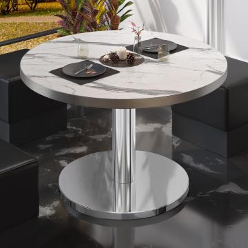BN | Bistro Loungetisch | Ø:H 80 x 36 cm | Edelstahl Rand | Weiß Marmor / Edelstahl