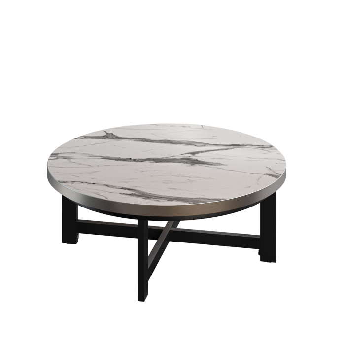 BO | Bistro Lounge Tisch | Ø80xH32cm | 25mm | Edelstahl Rand | Weiß Marmor/ Schwarz