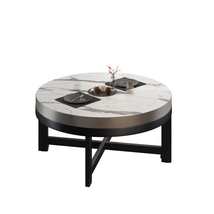 BO | Bistro Lounge Tisch | Ø80xH34cm | 50mm | Edelstahl Rand | Weiß Marmor/ Schwarz