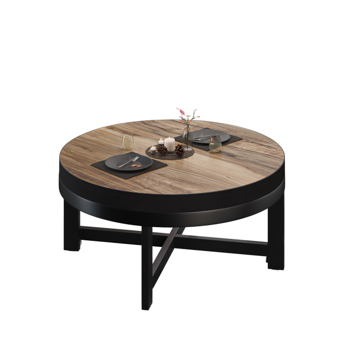 BO | Table de salon Bistro | Ø70xH34cm | 50mm | Sheesham/ Noir