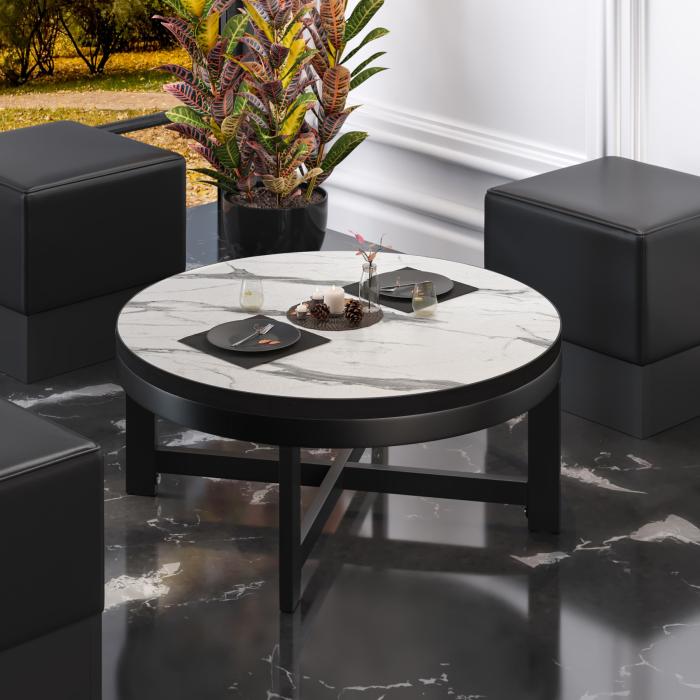 BO | Bistro Lounge Table | Ø70xH32cm | 25mm | Hvid Marmor/ Sort
