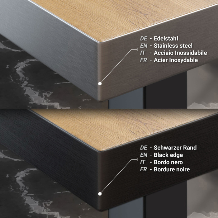 BPA | Bistro Stehbord | 110 x 60 x 112 cm | Rustfritt stål kant | Rektangulær | Eik / Svart BPA | Bistro Stehbord | 110 x 60 x 112 cm | Rustfritt stål kant | Rektangulær | Eik / Svart