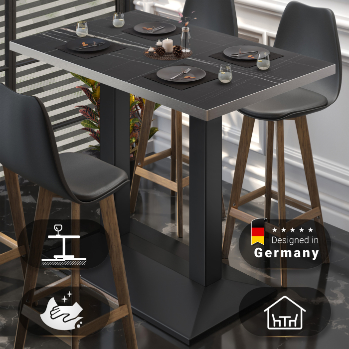 BPA | Bistro Stehtisch | 110 x 60 x 112 cm | Rustfritt Stål Kant | Rektangulær | Svart Marmor / Svart
