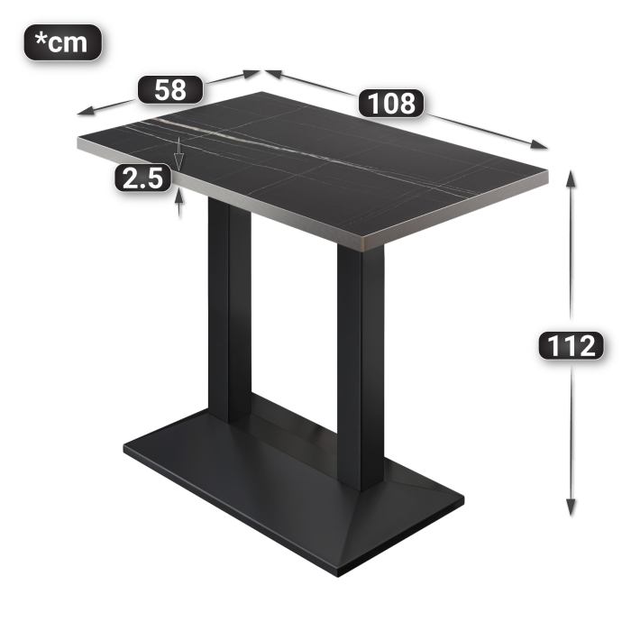 BPA | Bistro Stehtisch | 110 x 60 x 112 cm | Rustfritt Stål Kant | Rektangulær | Svart Marmor / Svart