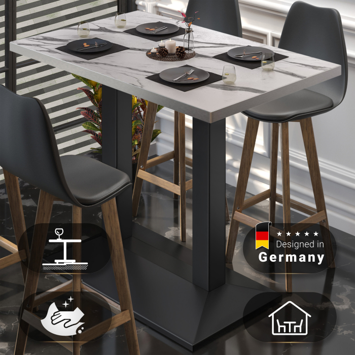 BPA | Bistro Stehtisch | 110 x 60 x 112 cm | Rustfritt stål kant | Rektangulær | Hvit marmor / Svart BPA | Bistro Stehtisch | 110 x 60 x 112 cm | Rustfritt stål kant | Rektangulær | Hvit marmor / Svart