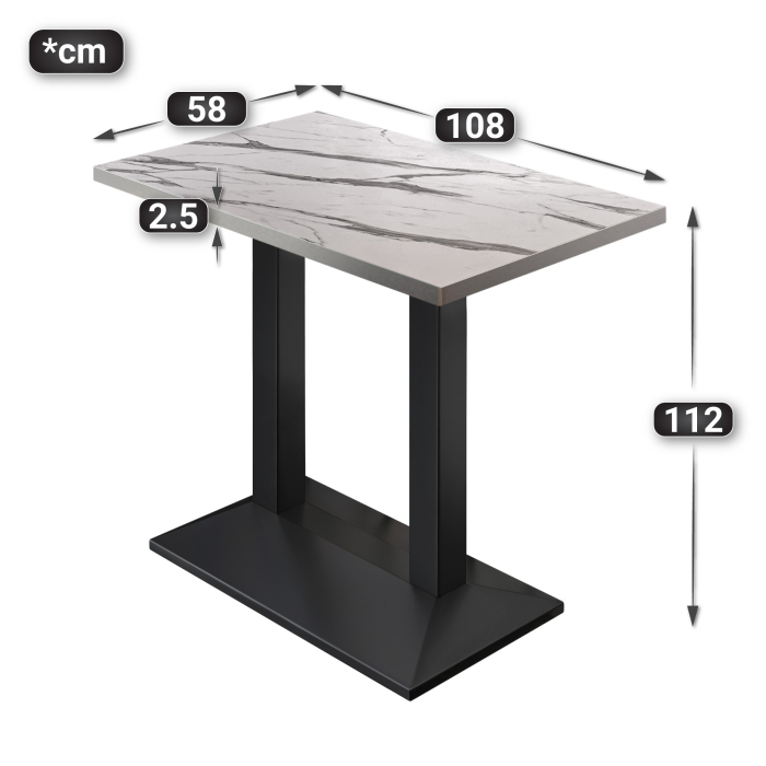 BPA | Bistro Stehtisch | 110 x 60 x 112 cm | Rustfritt stål kant | Rektangulær | Hvit marmor / Svart BPA | Bistro Stehtisch | 110 x 60 x 112 cm | Rustfritt stål kant | Rektangulær | Hvit marmor / Svart