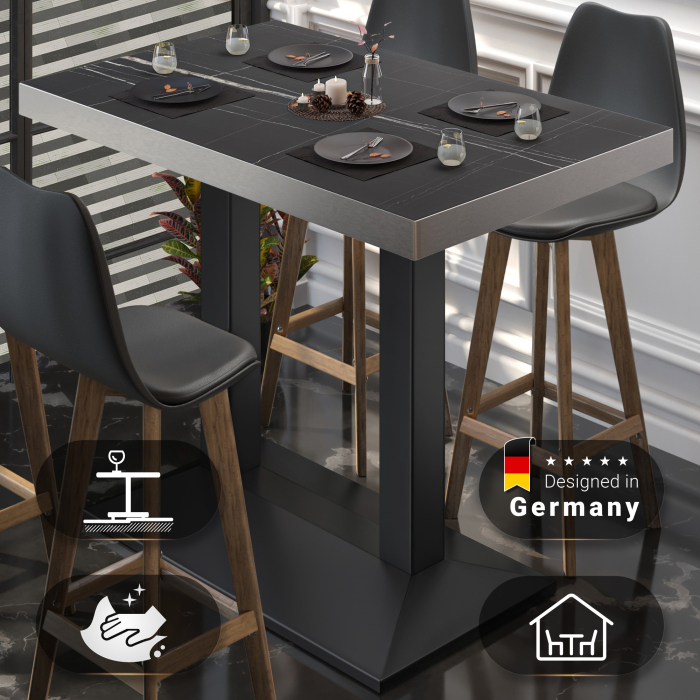 BPA | Bistro Stehtisch | 110 x 60 x 114 cm | Rustfritt stål kant | Rektangulær | Svart marmor / Svart BPA | Bistro Stehtisch | 110 x 60 x 114 cm | Rustfritt stål kant | Rektangulær | Svart marmor / Svart