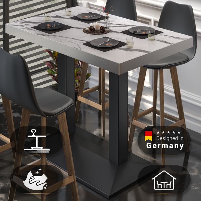 BPA | Bistro Stehtisch | 130 x 80 x 114 cm | Rustfritt stål kant | Rektangulær | Hvit marmor / Svart BPA | Bistro Stehtisch | 130 x 80 x 114 cm | Rustfritt stål kant | Rektangulær | Hvit marmor / Svart