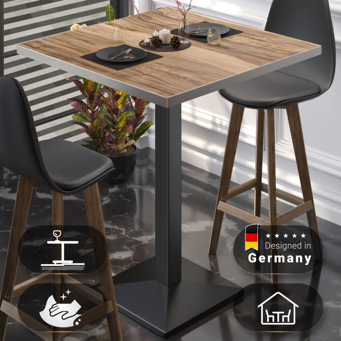 BPA | Bistro Stehtisch | 80 x 80 x 112 cm | Rustfritt stål kant | Firkantet | Sheesham / Svart