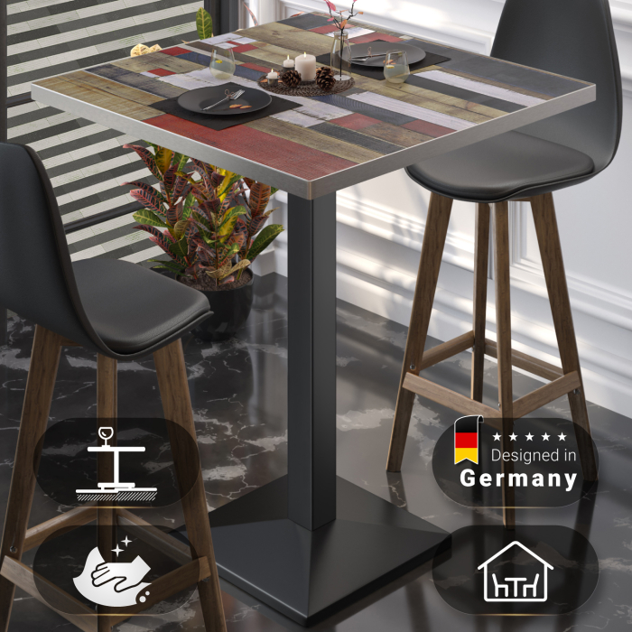 BPA | Bistro Stehtisch | 70 x 70 x 112 cm | Rustfritt stål kant | Firkantet | Vintage Fargerik / Svart BPA | Bistro Stehtisch | 70 x 70 x 112 cm | Rustfritt stål kant | Firkantet | Vintage Fargerik / Svart