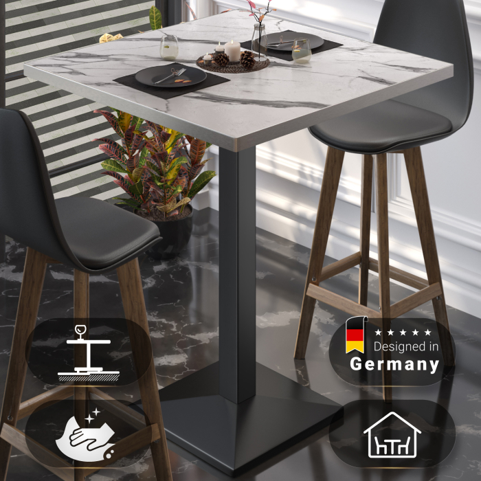 BPA | Bistro Stehtisch | 80 x 80 x 112 cm | Rustfritt stål kant | Firkantet | Hvit marmor / Svart
