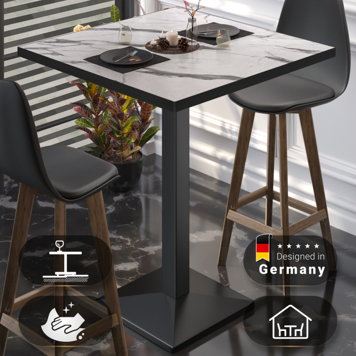 BPA | Bistro Stehtisch | 60 x 60 x 112 cm | Svart kant | Firkantet | Hvit marmor / Svart