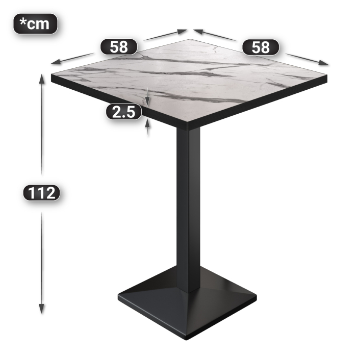 BPA | Bistro Stehtisch | 60 x 60 x 112 cm | Svart kant | Firkantet | Hvit marmor / Svart