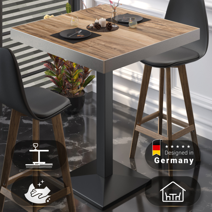BPA | Bistro Stehtisch | 70 x 70 x 114 cm | Rustfritt stål kant | Firkantet | Sheesham / Svart