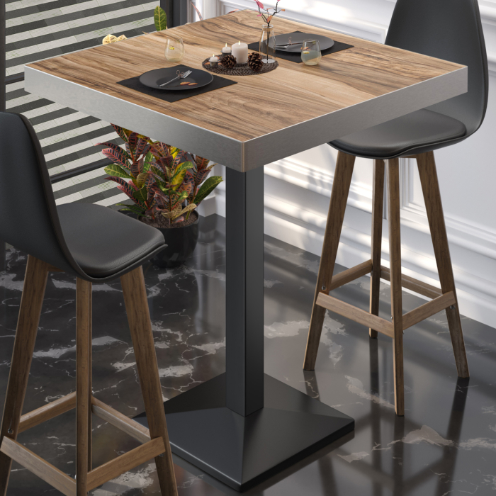 BPA | Bistro Stehtisch | 70 x 70 x 114 cm | Rustfritt stål kant | Firkantet | Sheesham / Svart