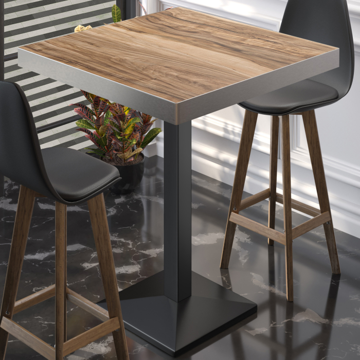BPA | Bistro Stehtisch | 70 x 70 x 114 cm | Rustfritt stål kant | Firkantet | Sheesham / Svart
