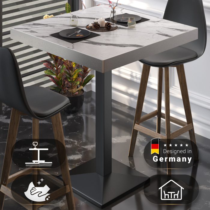 BPA | Bistro Stehbord | 70 x 70 x 114 cm | Rustfritt stål kant | Firkantet | Hvit marmor / Svart