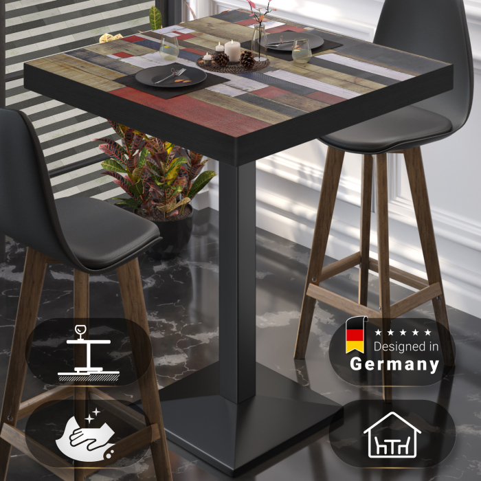 BPA | Bistro Stehtisch | 70 x 70 x 114 cm | Svart kant | Firkantet | Vintage Fargerik / Svart
