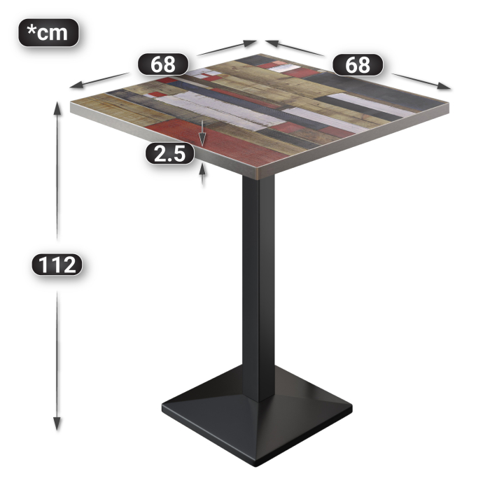 BPA | Bistro Stehtisch | 70 x 70 x 112 cm | Rustfritt stål kant | Firkantet | Vintage Fargerik / Svart BPA | Bistro Stehtisch | 70 x 70 x 112 cm | Rustfritt stål kant | Firkantet | Vintage Fargerik / Svart