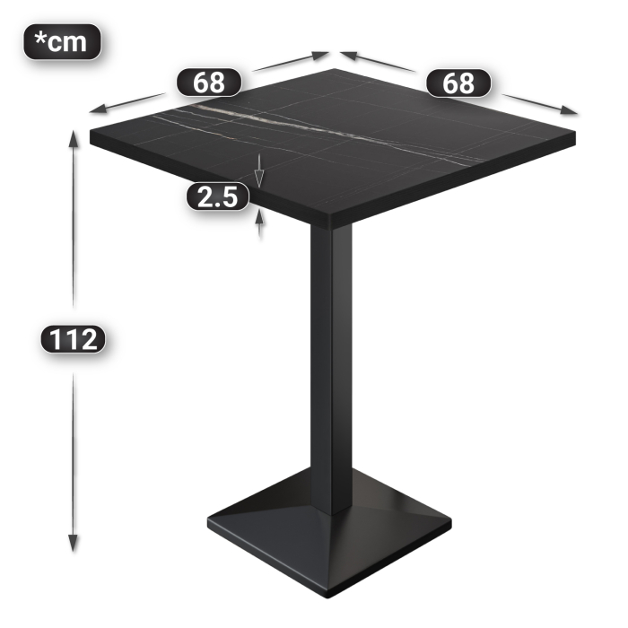BPA | Bistro Stehestol | 70 x 70 x 112 cm | Svart kant | Firkantet | Svart marmor / Svart