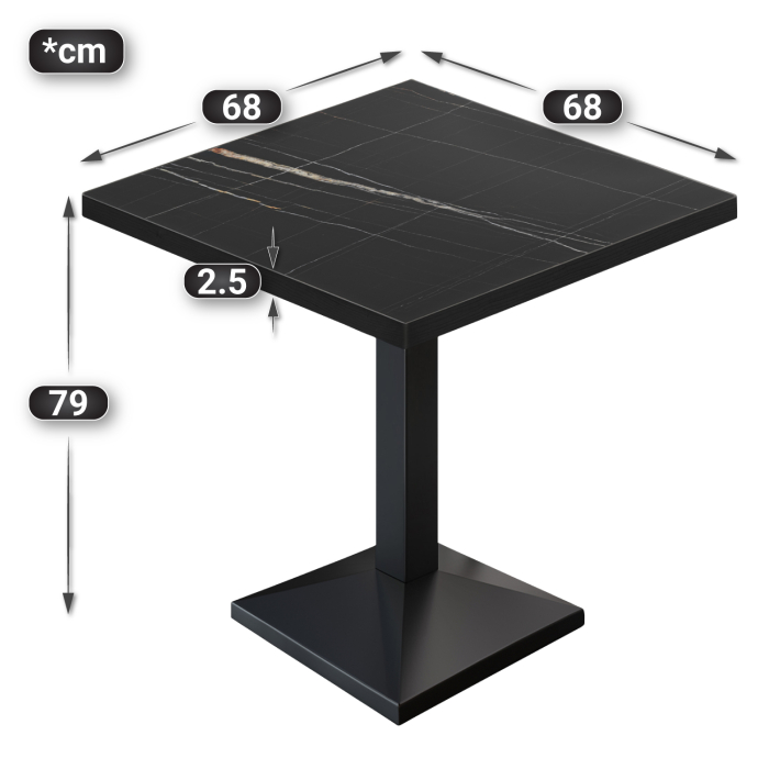 BPA | Bistrobord | Firkantet | 70 x 70 x 78,5 cm | Svart marmor/svart
