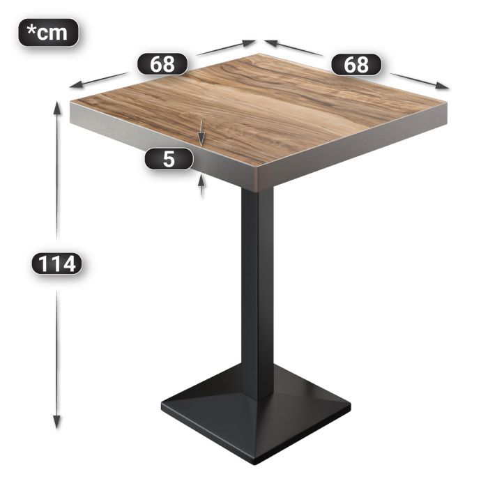 BPA | Bistro Stehtisch | 70 x 70 x 114 cm | Rustfritt stål kant | Firkantet | Sheesham / Svart