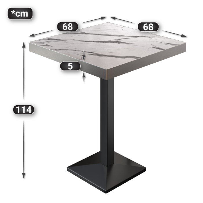 BPA | Bistro Stehbord | 70 x 70 x 114 cm | Rustfritt stål kant | Firkantet | Hvit marmor / Svart