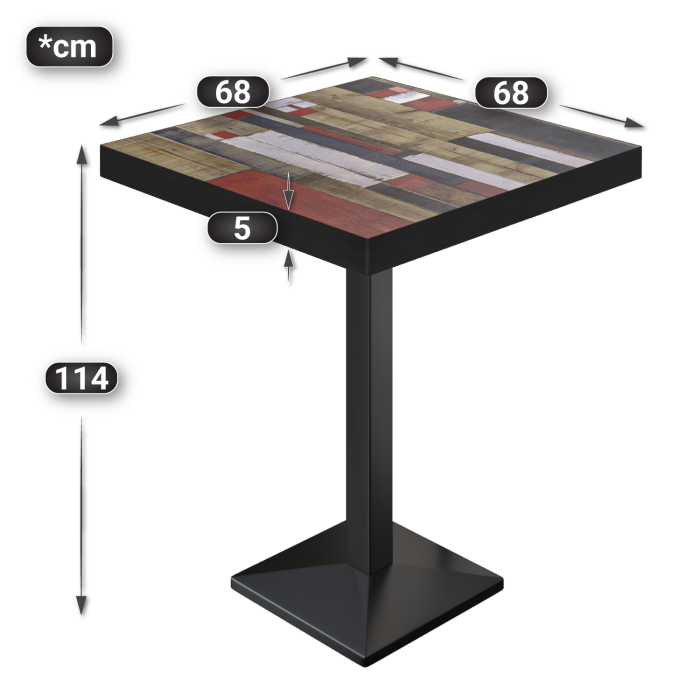 BPA | Bistro Stehtisch | 70 x 70 x 114 cm | Svart kant | Firkantet | Vintage Fargerik / Svart