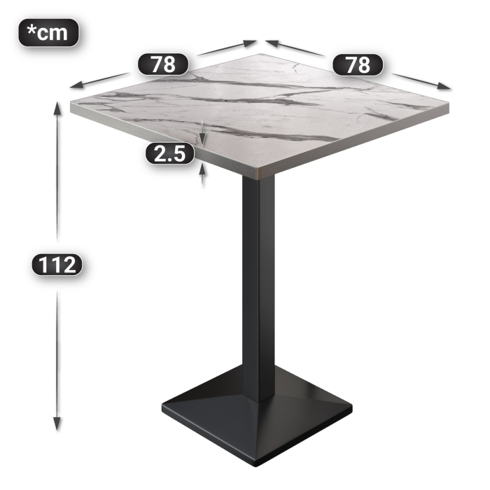 BPA | Bistro Stehtisch | 80 x 80 x 112 cm | Rustfritt stål kant | Firkantet | Hvit marmor / Svart